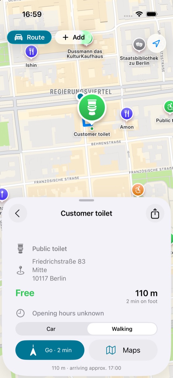 Detail view of a free toilet on Friedrichstraße with the walking route drawn on the map, 110 metres away and a “Go · 2 min” button.