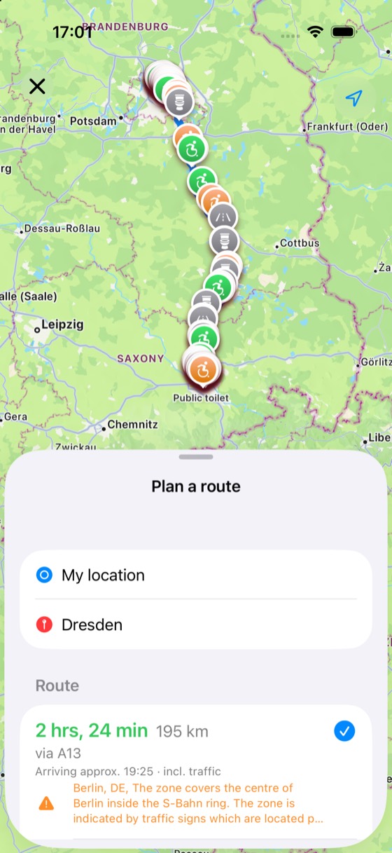 A planned drive from Berlin to Dresden along the A13 motorway with toilet markers all along the route.